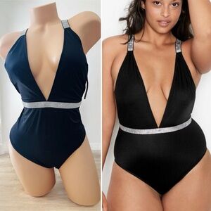 Victoria's Secret Swimsuit Shine Strap Plunge One-piece Swimwear Black L